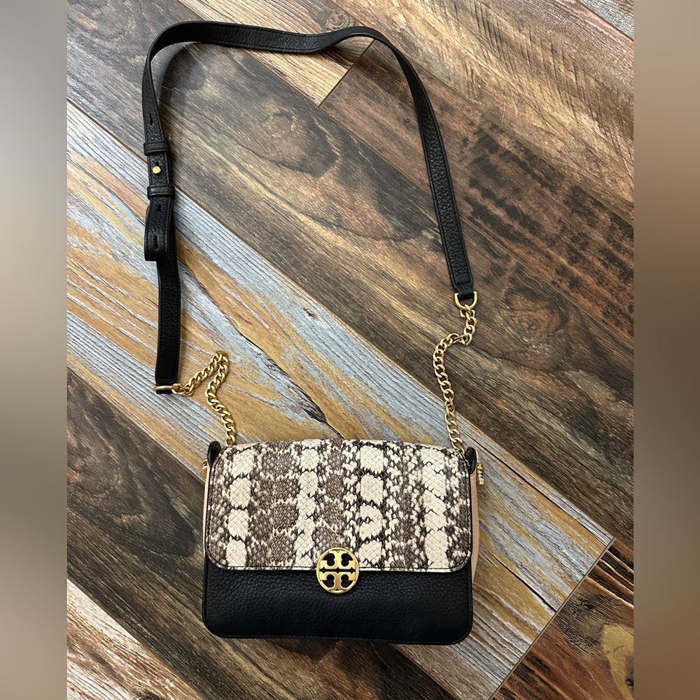 Tory Burch black, snakeskin and light pink crossbody with adj strap handbag